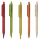 Six ballpoint pens in black, red, green, yellow, orange, white, and blue, lined up vertically.