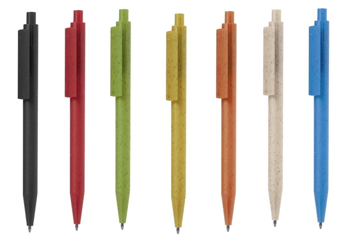 Six ballpoint pens in black, red, green, yellow, orange, white, and blue, lined up vertically.