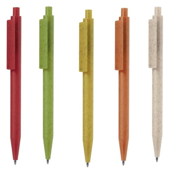 Six retractable pens in black, red, green, yellow, orange, beige, and blue, side by side.