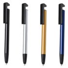 Four ballpoint pens in black, silver, gold, and blue, each with a black clip and tip.