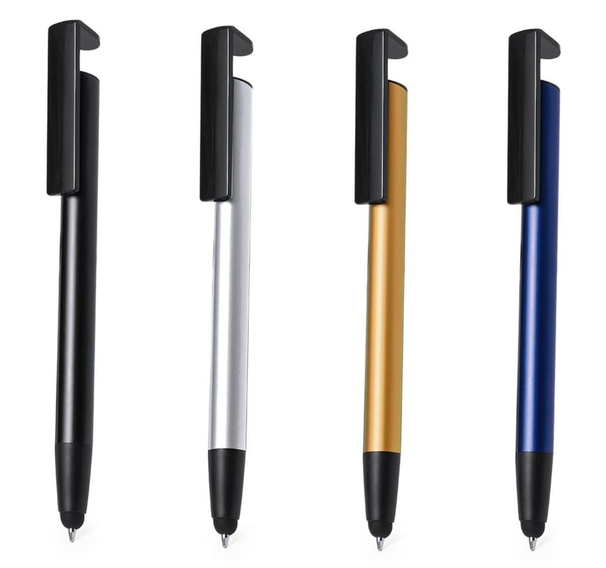 Four ballpoint pens in black, silver, gold, and blue, each with a black clip and tip.