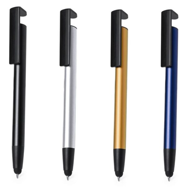 Four ballpoint pens in black, silver, gold, and blue with black clips and tips.