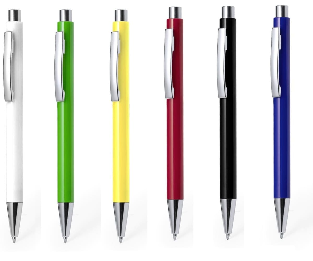 Six ballpoint pens in white, green, yellow, red, black, and blue, standing upright in a row.