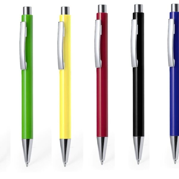 Six retractable pens in white, green, yellow, red, black, and blue arranged side by side.