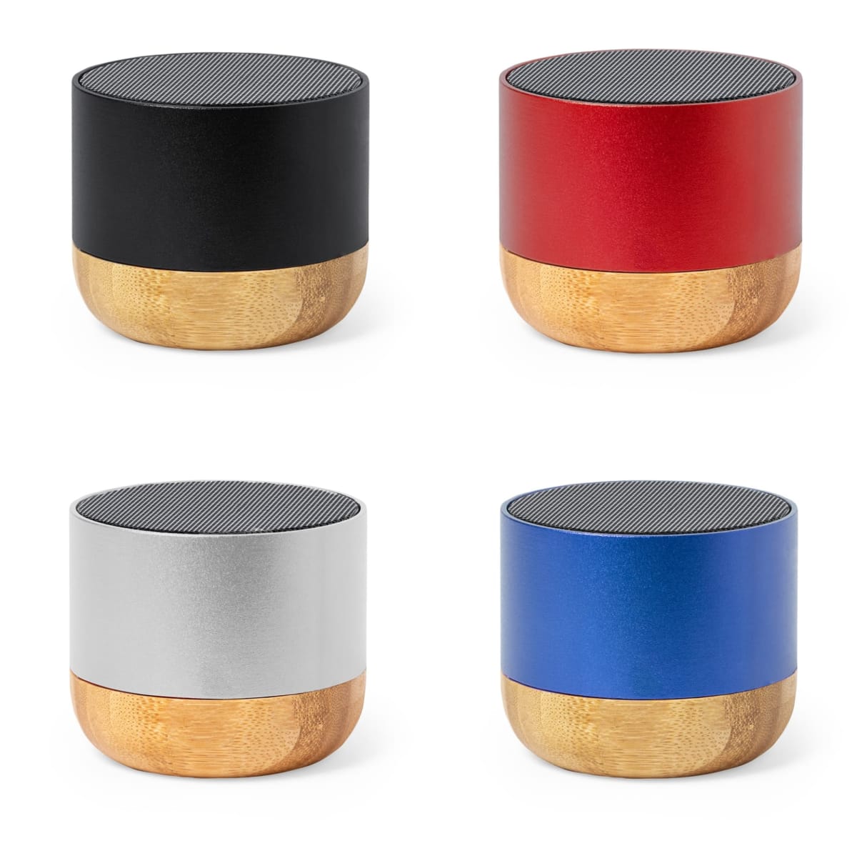 Four small cylindrical speakers with wooden bases in black, red, silver, and blue colors.