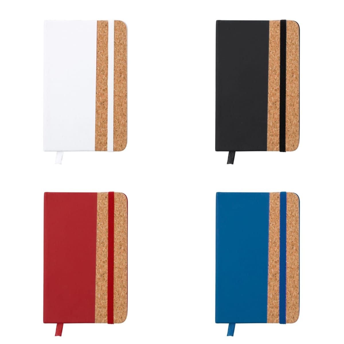 Four notebooks in white, black, red, and blue with cork accents and matching ribbons.