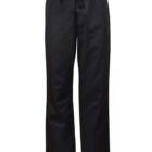 Black straight-leg pants with an elastic waistband and drawstring, displayed on a plain background.