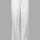 White scrub pants with an elastic waistband, displayed on a plain gray background.