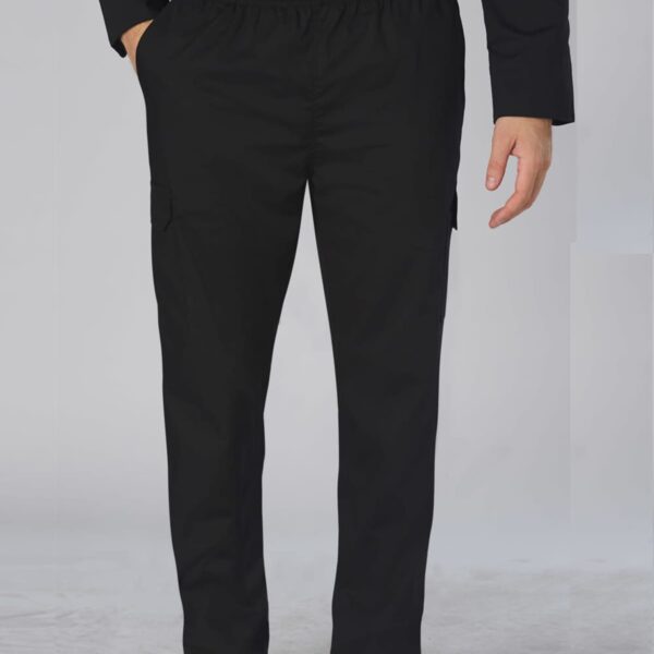 Person wearing black cargo pants and black shoes, standing with one hand in a pocket.