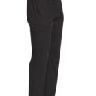 Black cargo pants with an elastic waistband and side pocket, displayed on a plain background.