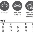 Icons and size chart for mens chef pants, showing features and waist/inleg measurements.
