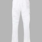 White cargo pants with an elastic waistband, shown against a plain gray background.