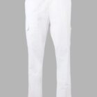 White cargo pants with elastic waistband and side pockets, shown on a grey background.