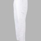 White cargo pants with elastic waistband and side pocket, displayed on a gray background.