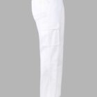 Side view of white cargo pants with elastic waist and flap pocket on the thigh.