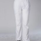 Person wearing white pants and black shoes, standing on a light-colored floor.
