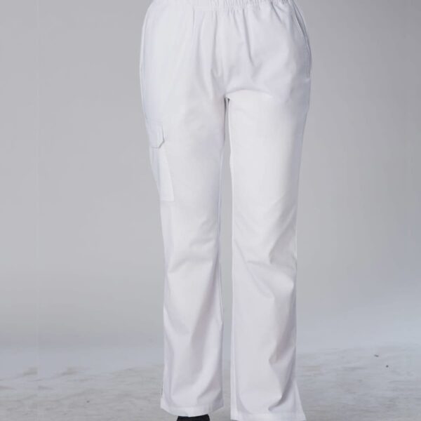 Person wearing white medical scrub pants and black shoes, standing on a light background.