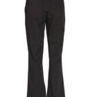 Back view of black pants with an elastic waistband and straight legs.