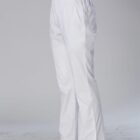 Person wearing white pants and black shoes, standing sideways against a plain background.