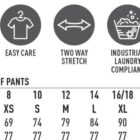 Icons and size chart for ladies chef pants, showing features and size conversions.