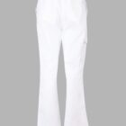 White pants with an elastic waistband and pockets, viewed from the back on a gray background.