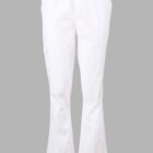 White pants with an elastic waistband and pockets, displayed on a plain gray background.