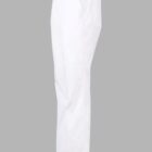 White medical scrub pants with a drawstring waist and side pocket, shown on a grey background.