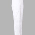 White cargo pants with an elastic waistband and side pocket, shown on a gray background.