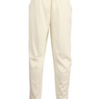 Beige elastic-waist pants with straight legs, shown against a white background.