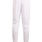 Back view of plain white pants with an elastic waistband.