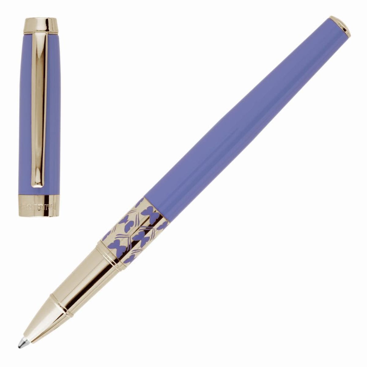 A purple and gold pen with a decorative gold design near the tip and a separate cap.