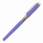 A purple pen with a gold clip and decorative gold accents on a white background.