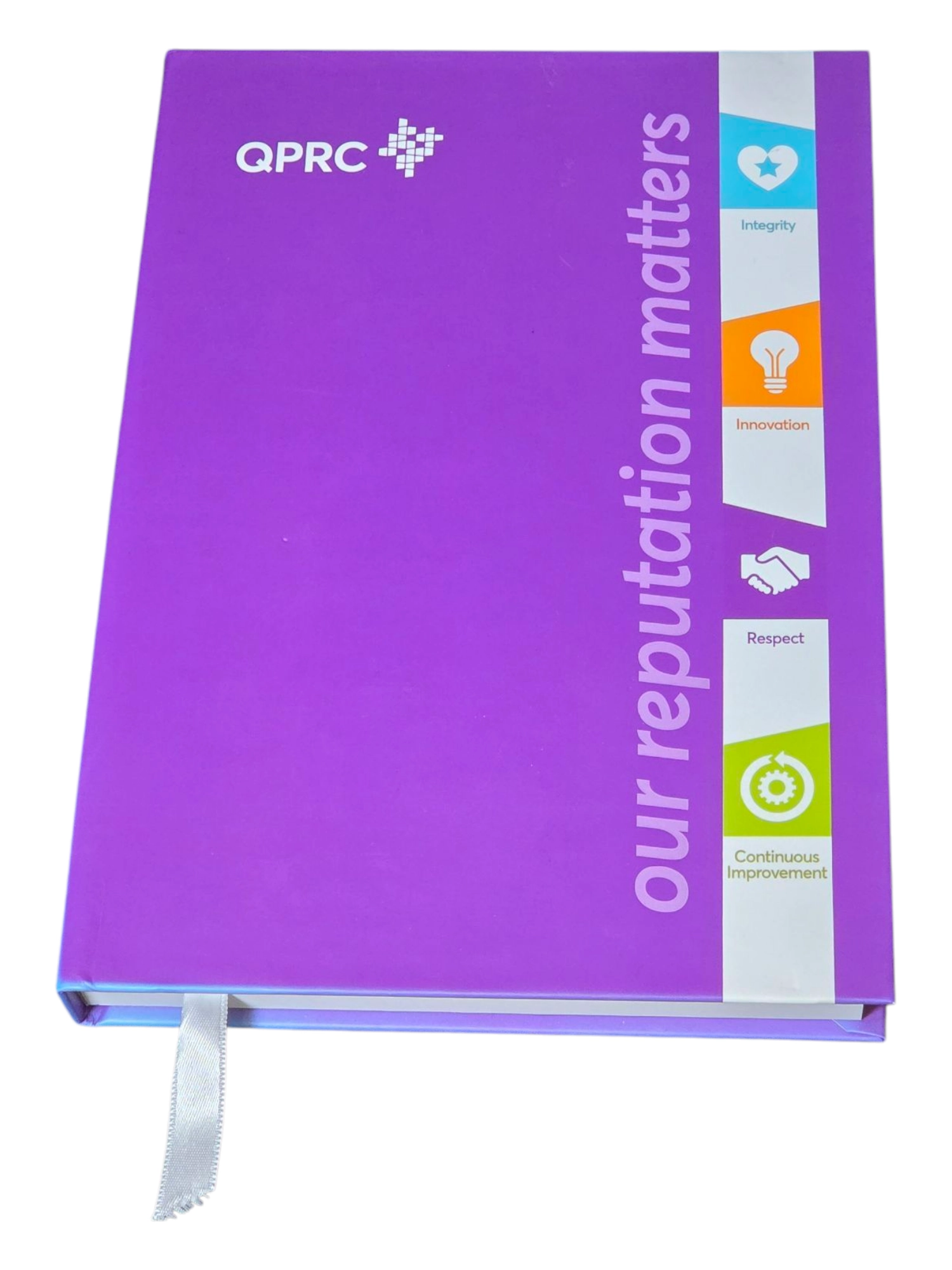 Purple notebook labeled our reputation matters, ideal among notebooks for business professionals.