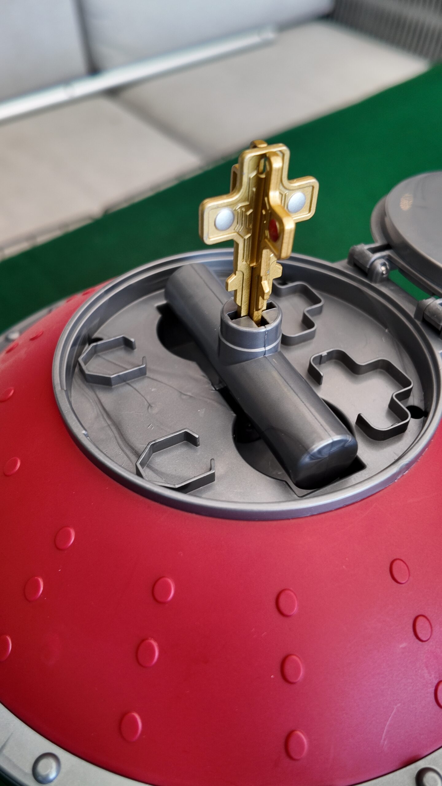 Mission Impossible popcorn dispenser, custom merchandise top view with key inserted