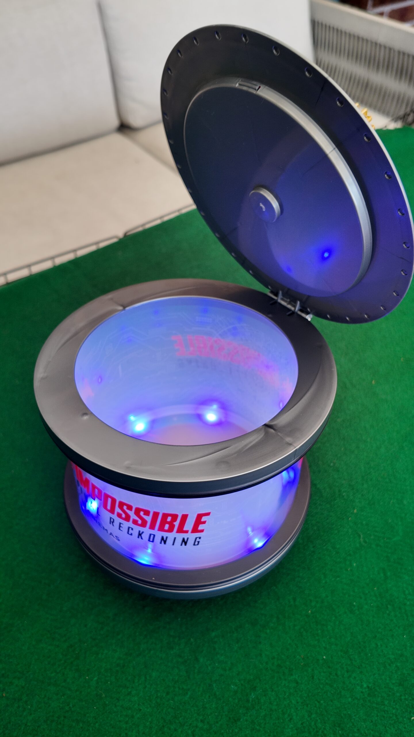 Mission Impossible popcorn dispenser, custom merchandise with lid open