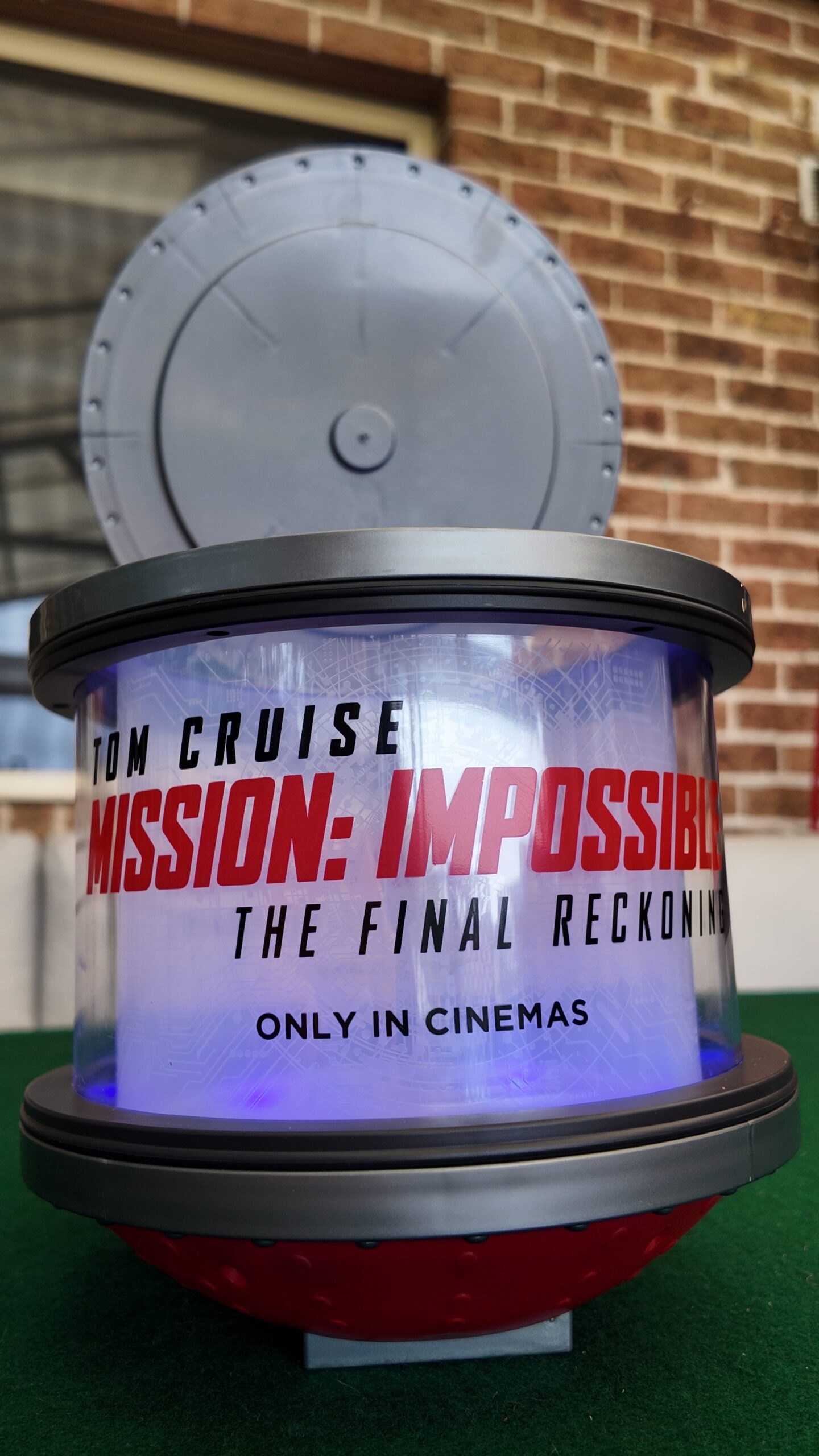 Mission Impossible popcorn dispenser, custom merchandise open lid front view