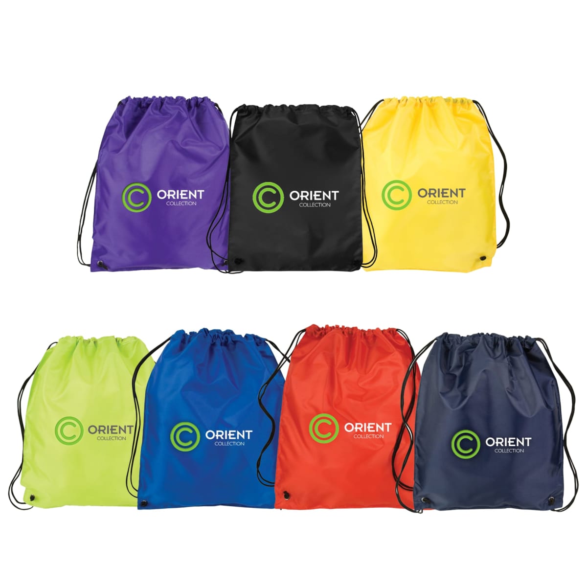 Seven colorful drawstring bags with Orient Collection logo, arranged in two rows.
