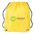 Yellow drawstring backpack with Orient Collection logo and black straps.