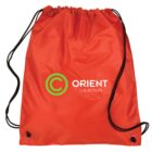 Bright orange drawstring bag with Orient Collection logo and black straps.