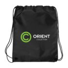 Black drawstring bag with Orient Collection logo in white and green on the front.