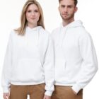 Two people wearing white hoodies and tan pants standing side by side against a white background.