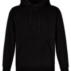 Black hooded sweatshirt with front pocket and drawstrings, shown on a plain white background.