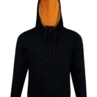 Black hoodie with front pocket and orange inner hood, displayed on a plain white background.