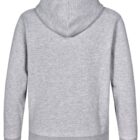 Back view of a plain light gray hooded sweatshirt with long sleeves.