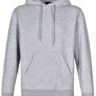 Gray hooded sweatshirt with a front pocket and drawstrings, displayed on a plain background.