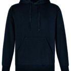 Plain black hoodie with a front pocket and drawstrings, displayed on a white background.