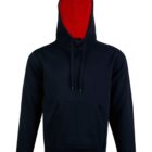 Black hoodie with a front pocket and a red-lined hood, displayed on a white background.