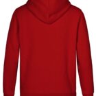 Back view of a plain red hooded sweatshirt with long sleeves.