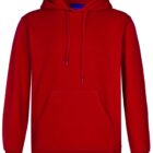 Plain red hoodie with front pocket and drawstrings, displayed on a white background.