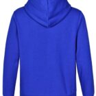 Back view of a plain blue hooded sweatshirt with long sleeves.